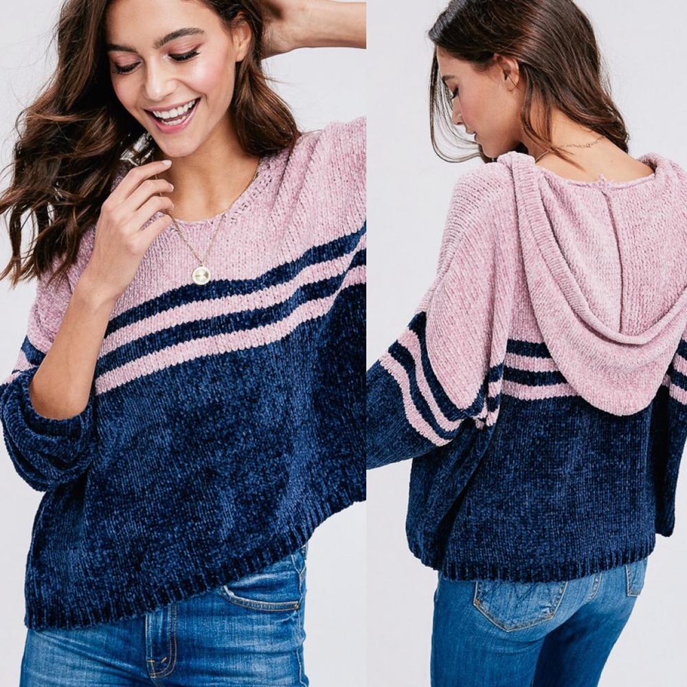 VASSIE Color Block Hoodie Top - NAVY - Picture 3 of 4